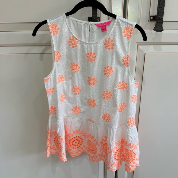 LILLY PULITZER Lilliana Embroidered Seersucker Peplum Top White Cantaloupe (12) - Picture 4 of 8
